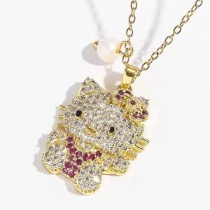 18K Gold Hello Kitty Pave Diamond Pearl Pendant Necklace Sanrio Character Kawaii